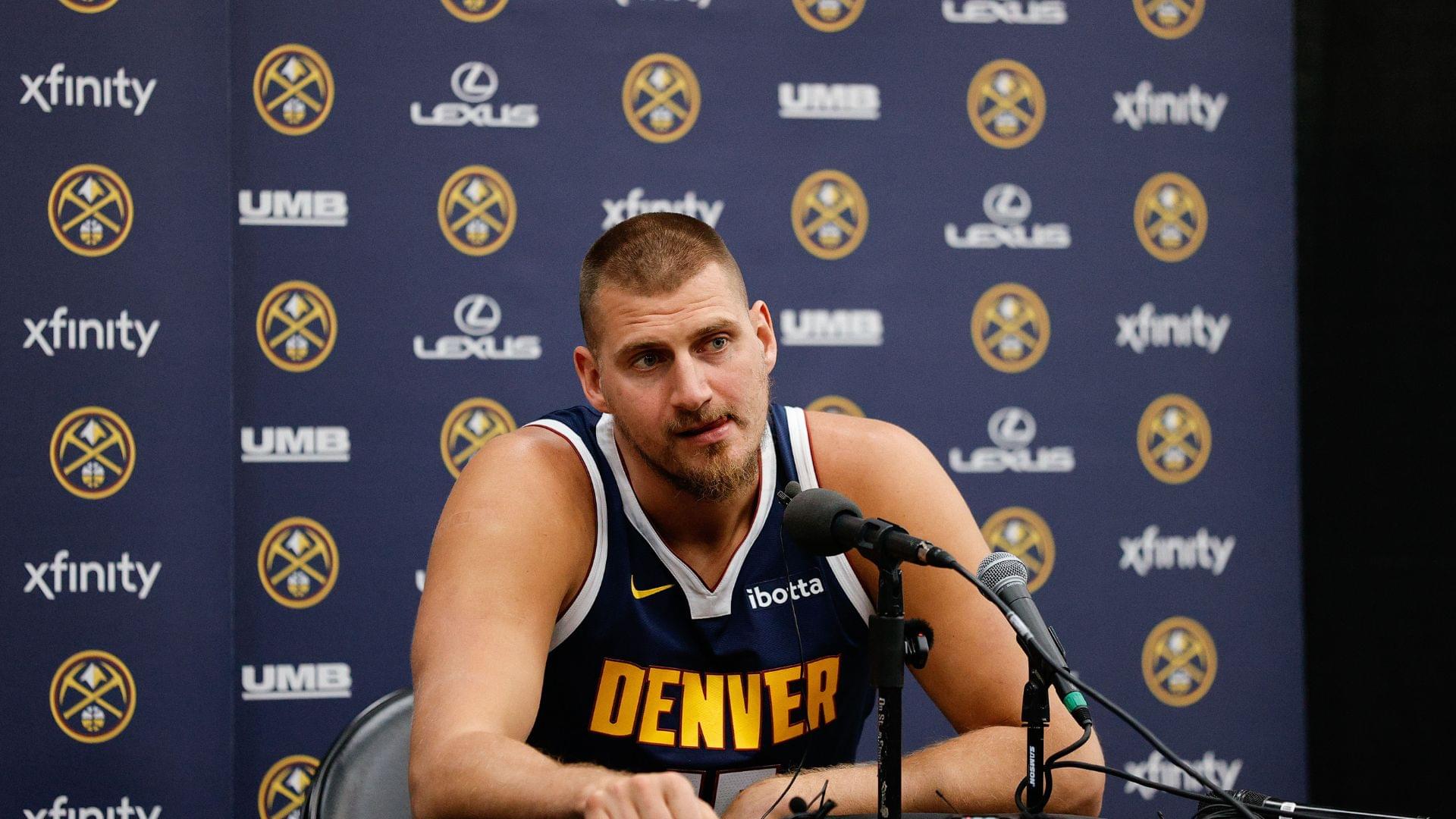 Sep 29, 2025; Denver, CO, USA; Denver Nuggets player Nikola Jokic (15) takes questions during media day at Ball Arena.