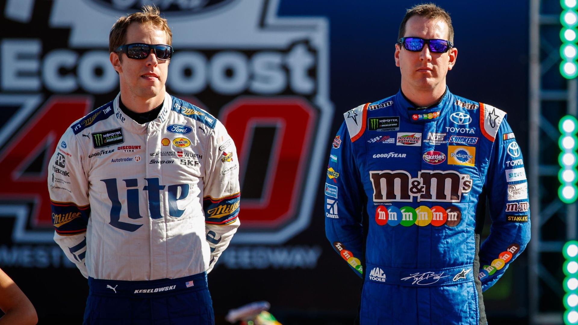 Nov 19, 2017; Homestead, FL, USA; NASCAR driver Brad Keselowski (left) and Kyle Busch prior to the Ford EcoBoost 400 at Homestead-Miami Speedway