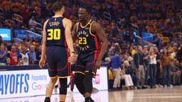 Apr 28, 2025; San Francisco, California, USA; Golden State Warriors forward Draymond Green (23) celebrated sight guard Stephen Curry (30) after a play against the Houston Rockets during the first quarter of game four of the 2025 NBA Playoffs first round at Chase Center
