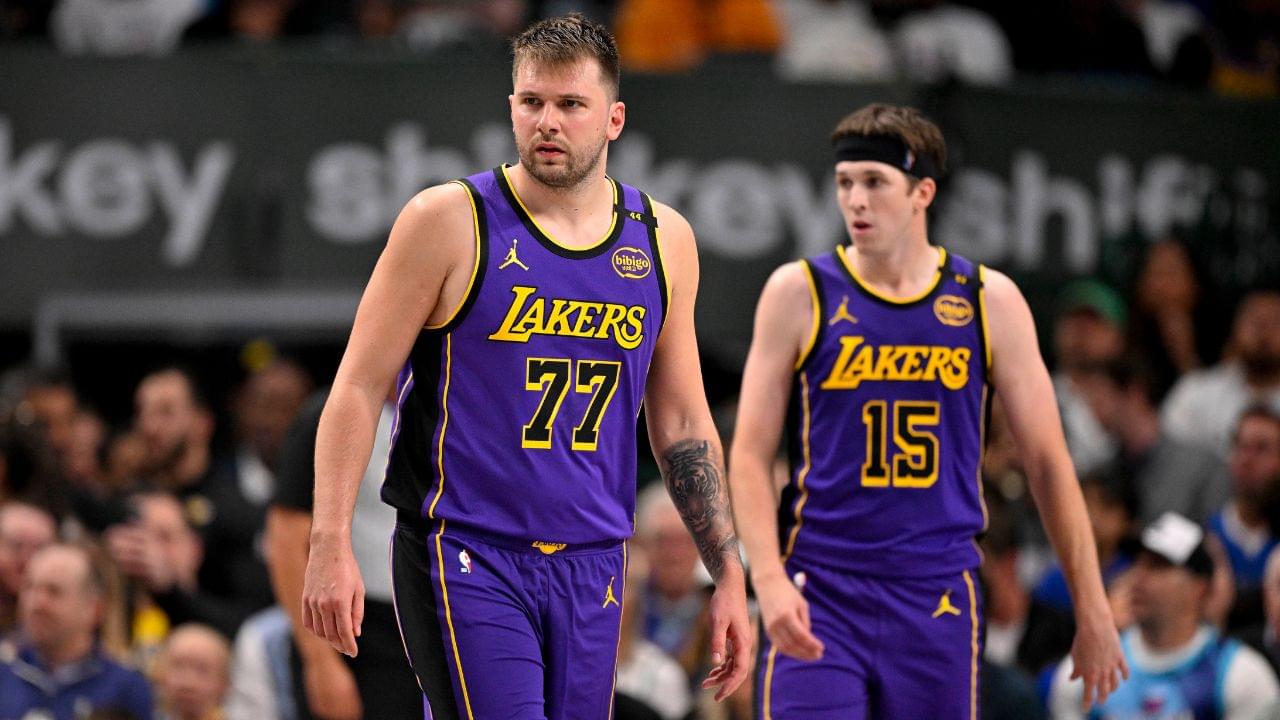 Los Angeles Lakers guard Luka Doncic (77) and guard Austin Reaves (15) during the game between the Dallas Mavericks and the Los Angeles Lakers at American Airlines Center