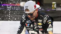 Oct 26, 2025; Martinsville, Virginia, USA; NASCAR Cup Series driver William Byron (24) celebrates his win following the Xfinity 500 at Martinsville Speedway