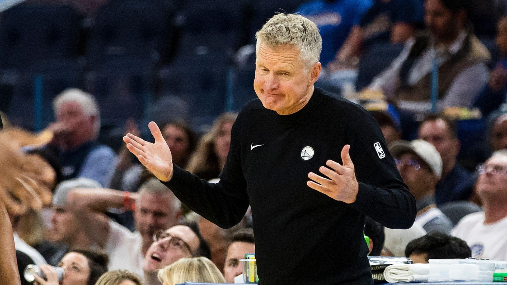 Oct 8, 2025; San Francisco, California, USA; Golden State Warriors head coach Steve Kerr reacts during the fourth quarter against the Portland Trail Blazers at Chase Center.