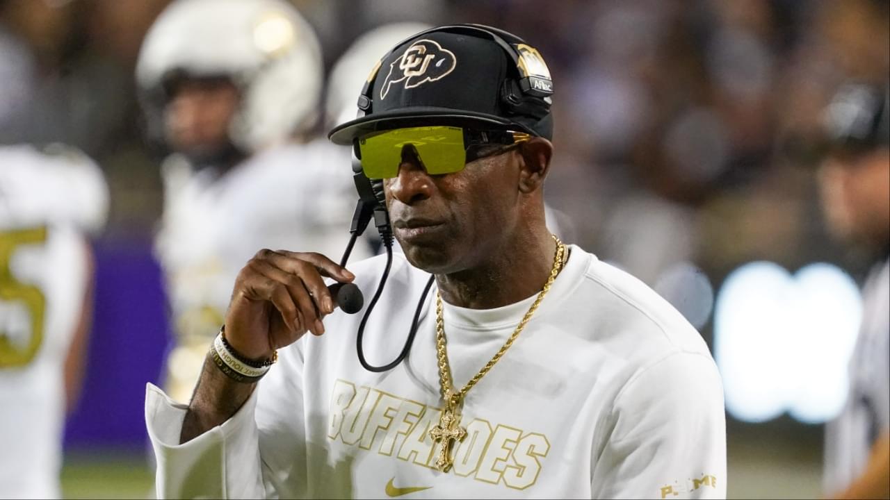 Colorado Buffaloes head coach Deion Sanders on the sidelines during the first half against the TCU Horned Frogs at Amon G. Carter Stadium.