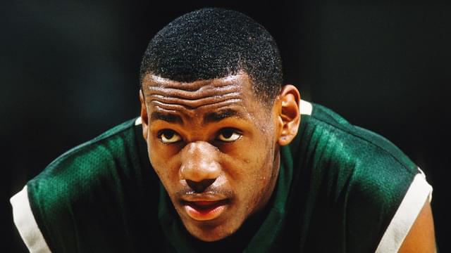 St. Vincent-St. Mary Fighting Irish forward LeBron James (23) on the court against the Oak Hill Academy Warriors during the 2002 Prime Time Shootout at Sovereign Bank Arena.