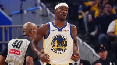 Golden State Warriors forward Jimmy Butler III (10) waits for action to resume in the first quarter against the Los Angeles Lakers at Chase Center.