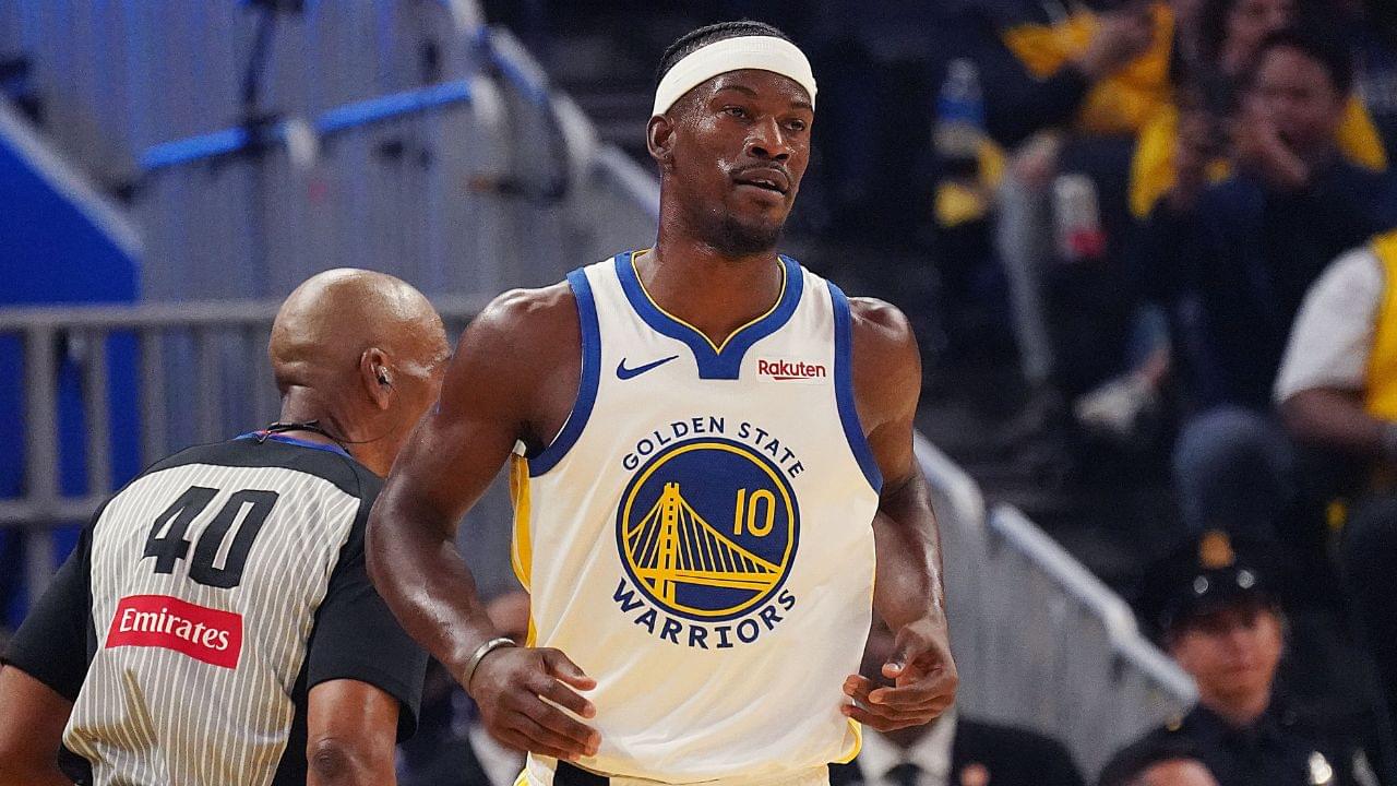 Golden State Warriors forward Jimmy Butler III (10) waits for action to resume in the first quarter against the Los Angeles Lakers at Chase Center.