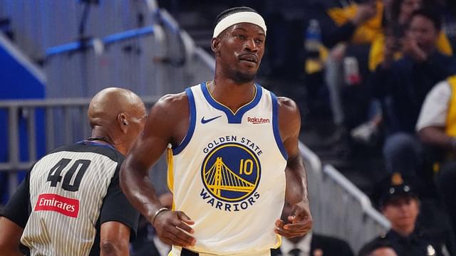 Golden State Warriors forward Jimmy Butler III (10) waits for action to resume in the first quarter against the Los Angeles Lakers at Chase Center.