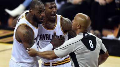 Jun 9, 2017; Cleveland, OH, USA; Cleveland Cavaliers forward LeBron James (23) and Cleveland Cavaliers guard Iman Shumpert (4) argue a call during the third quarter against the Golden State Warriors in game four of the Finals for the 2017 NBA Playoffs at Quicken Loans Arena
