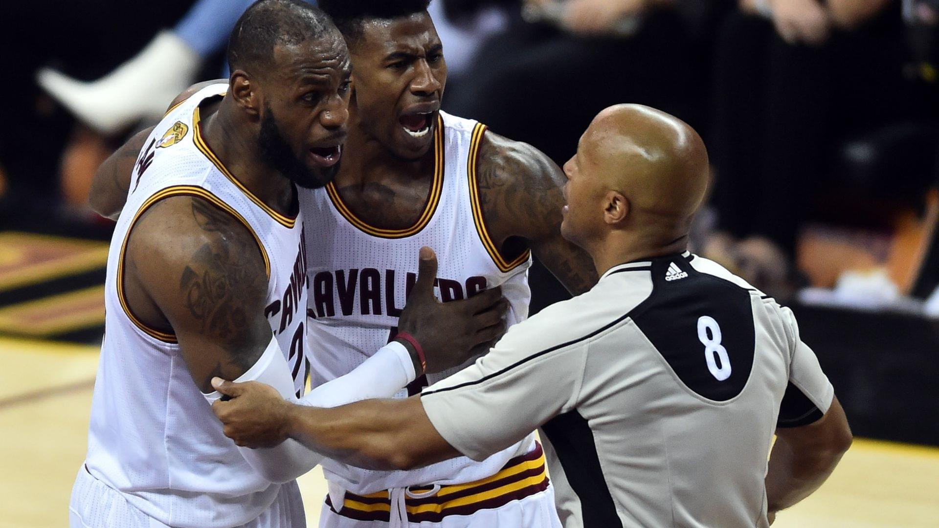 Jun 9, 2017; Cleveland, OH, USA; Cleveland Cavaliers forward LeBron James (23) and Cleveland Cavaliers guard Iman Shumpert (4) argue a call during the third quarter against the Golden State Warriors in game four of the Finals for the 2017 NBA Playoffs at Quicken Loans Arena