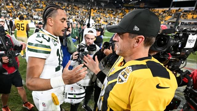 Pittsburgh Steelers quarterback Aaron Rodgers (8) and Green Bay Packers quarterback Jordan Love (10) shake hands after the game at Acrisure Stadium.