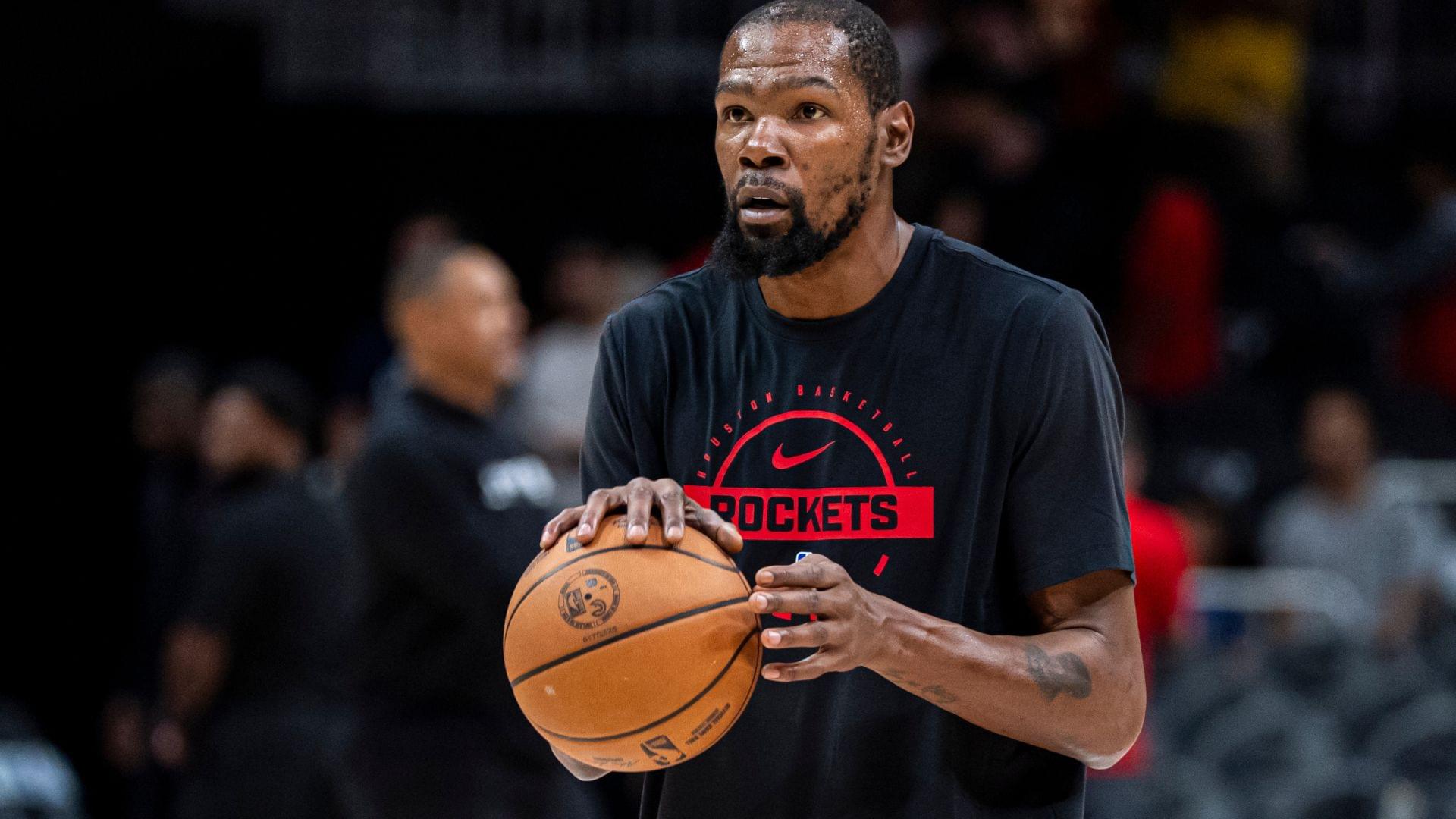 Oct 16, 2025; Atlanta, Georgia, USA; Houston Rockets forward Kevin Durant (7) warms up prior to the game against the Atlanta Hawks at State Farm Arena.