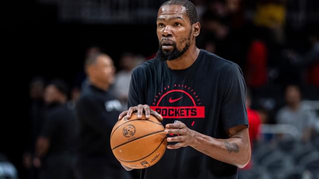 Oct 16, 2025; Atlanta, Georgia, USA; Houston Rockets forward Kevin Durant (7) warms up prior to the game against the Atlanta Hawks at State Farm Arena.
