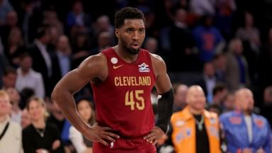 Oct 22, 2025; New York, New York, USA; Cleveland Cavaliers guard Donovan Mitchell (45) reacts during the fourth quarter against the New York Knicks at Madison Square Garden