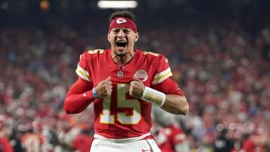 Kansas City Chiefs quarterback Patrick Mahomes (15) reacts before the game at GEHA Field at Arrowhead Stadium.