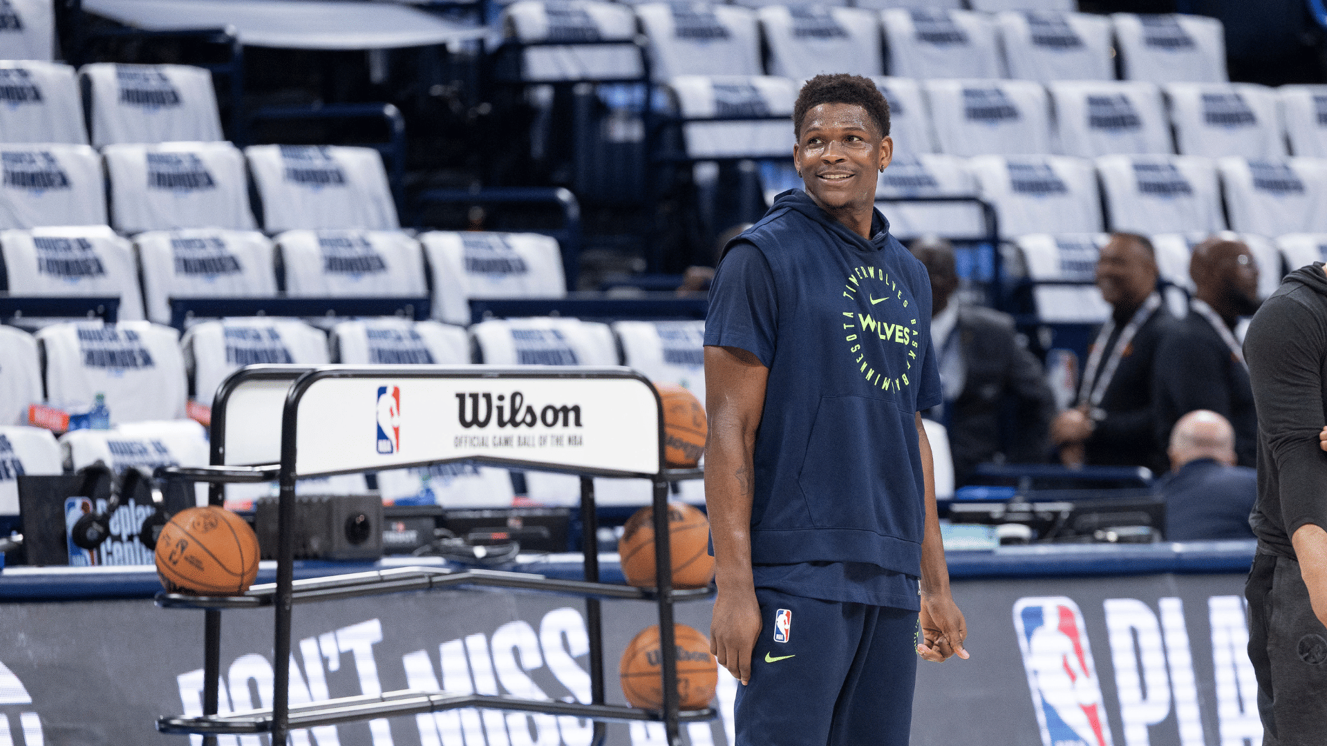 May 28, 2025; Oklahoma City, Oklahoma, USA; Minnesota Timberwolves guard Anthony Edwards warms up before game five of the western conference finals against the Oklahoma City Thunder for the 2025 NBA Playoffs at Paycom Center.