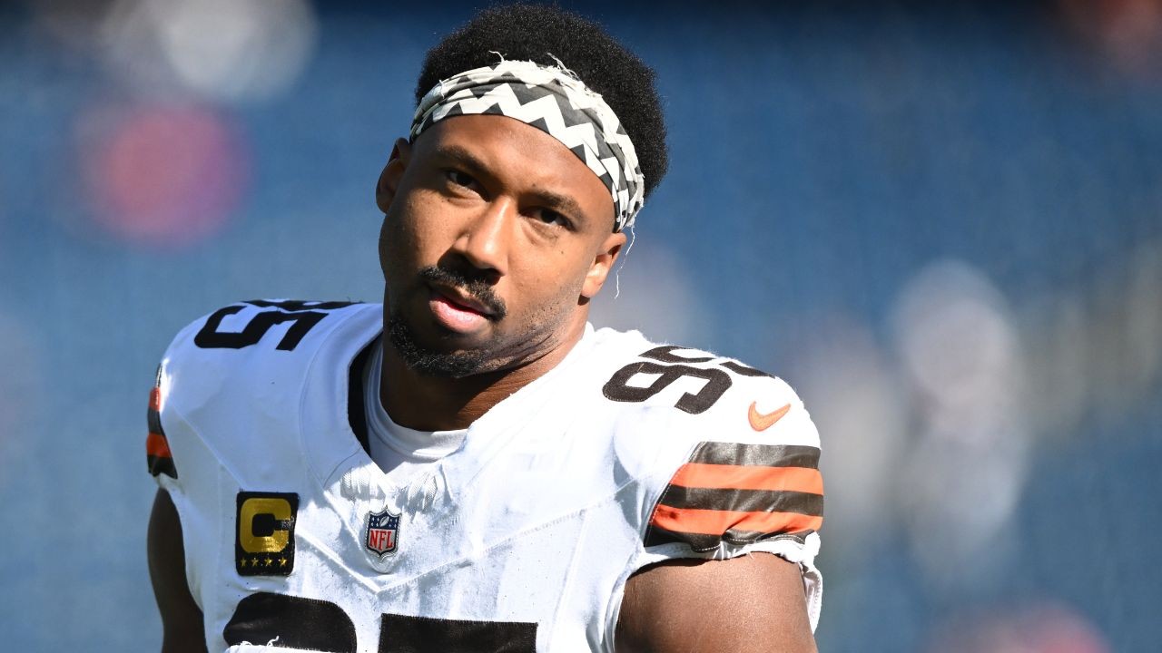 Myles Garrett Oct 26, 2025; Foxborough, Massachusetts, USA; Cleveland Browns defensive end Myles Garrett (95) looks on during warm up prior to the game against the New England Patriots at Gillette Stadium. Mandatory Credit: Brian Fluharty-Imagn Images
