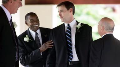 Former Detroit Pistons players Bill Laimbeer, Isiah Thomas with coach Rick Carlisle attend the funeral longtime NBA coach Chuck Daly following his funeral service at St. Jude Catholic Church in Tequesta, Fla