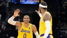 November 30, 2021; Sacramento, California, USA; Los Angeles Lakers guard Russell Westbrook (0) celebrates with forward Carmelo Anthony (7) during the third quarter against the Sacramento Kings at Golden 1 Cente