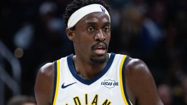 Oct 23, 2025; Indianapolis, Indiana, USA; Indiana Pacers forward Pascal Siakam (43) in the first half against the Oklahoma City Thunder at Gainbridge Fieldhouse