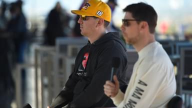 LOS ANGELES, CA - FEBRUARY 05: Kyle Busch ( 18 Joe Gibbs Racing M&M s Toyota) and Denny Hamlin