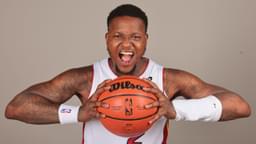 Miami Heat guard Terry Rozier (2) poses for a photo during media day at Kaseya Center.