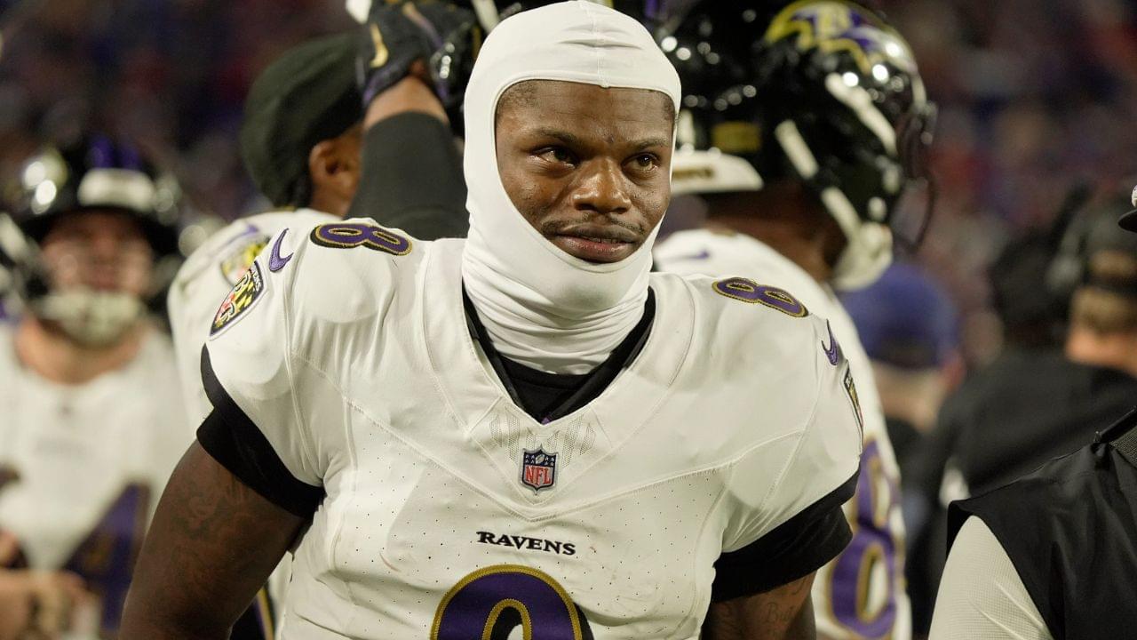 Baltimore Ravens quarterback Lamar Jackson gets ready to take the field during the second half of their game against the Baltimore Ravens at Highmark Stadium in Orchard Park on Sept. 7, 2025.