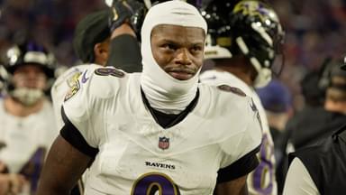 Baltimore Ravens quarterback Lamar Jackson gets ready to take the field during the second half of their game against the Baltimore Ravens at Highmark Stadium in Orchard Park on Sept. 7, 2025.