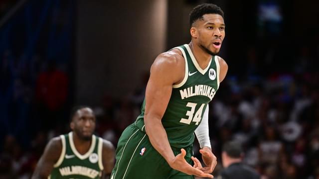 Oct 26, 2025; Cleveland, Ohio, USA; Milwaukee Bucks forward Giannis Antetokounmpo (34) celebrates after hitting a three point basket against the Cleveland Cavaliers during the second half at Rocket Arena.