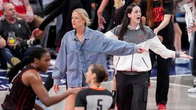Indiana Fever guard Sophie Cunningham (8) and Indiana Fever guard Caitlin Clark (22) react from the bench to an official’s call Friday, Sept. 26, 2025, during Game 3 of the WNBA semifinals against the Las Vegas Aces at Gainbridge Fieldhouse in Indianapolis.