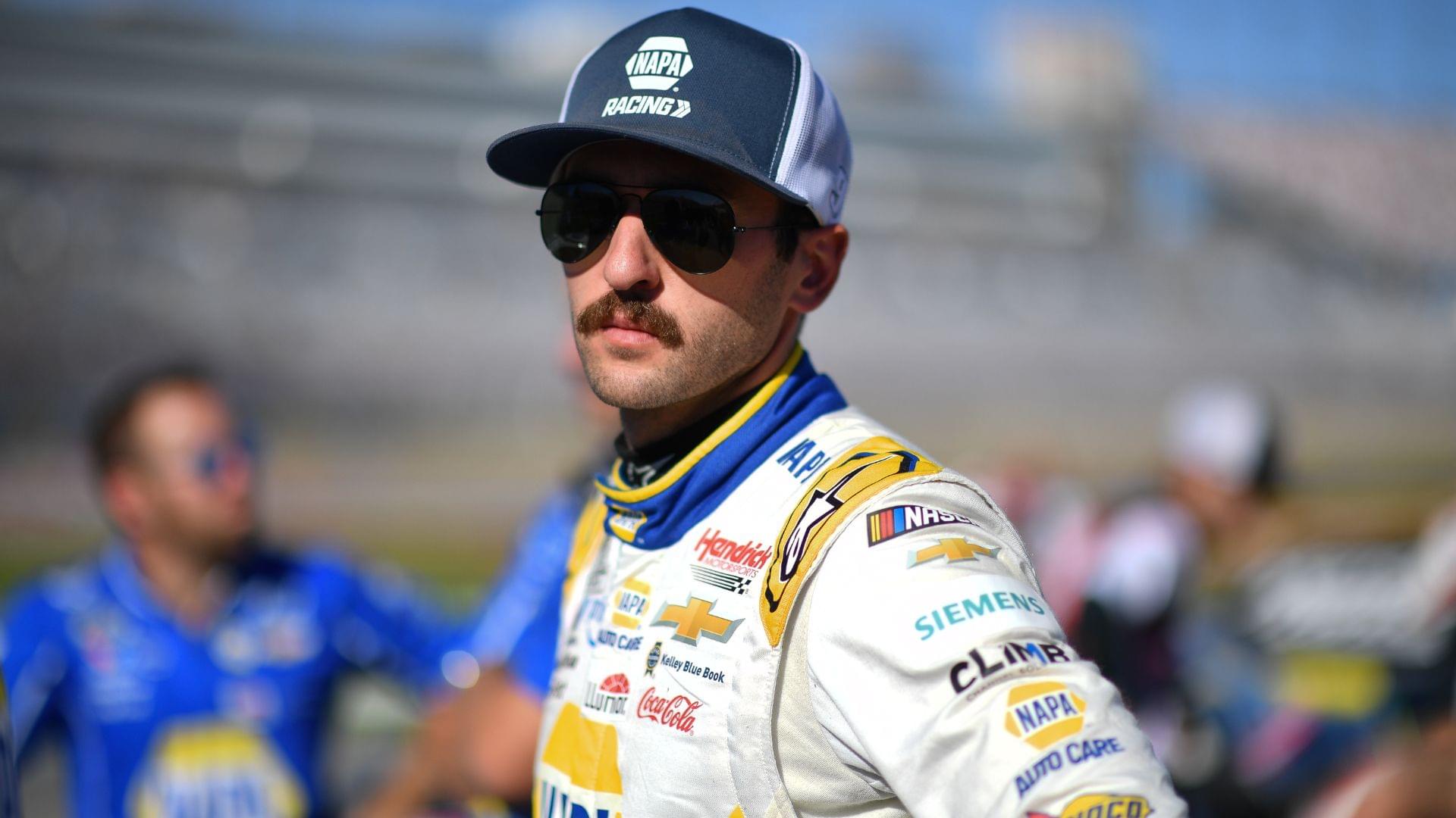 Oct 11, 2025; Las Vegas, Nevada, USA; NASCAR Cup Series driver Chase Elliott (9) during qualifying for the South Point 400 at Las Vegas Motor Speedway.