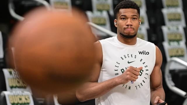 Apr 27, 2025; Milwaukee, Wisconsin, USA; Milwaukee Bucks forward Giannis Antetokounmpo (34) gets ready for game four of first round for the 2024 NBA Playoffs against the Indiana Pacers at Fiserv Forum.