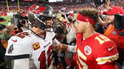 Tampa Bay Buccaneers quarterback Tom Brady (12) greets Kansas City Chiefs quarterback Patrick Mahomes (15) after a game at Raymond James Stadium.