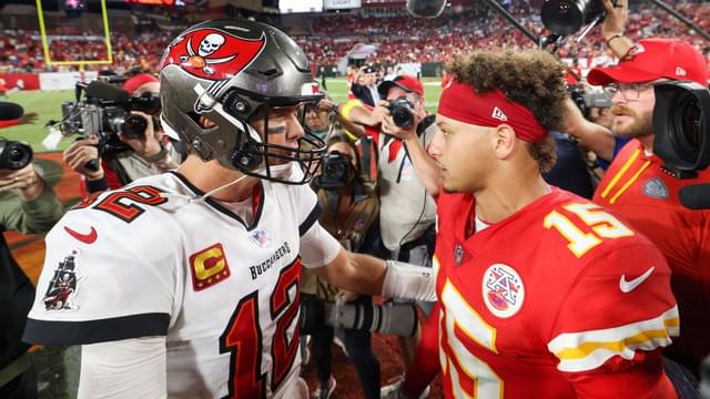 Tampa Bay Buccaneers quarterback Tom Brady (12) greets Kansas City Chiefs quarterback Patrick Mahomes (15) after a game at Raymond James Stadium.