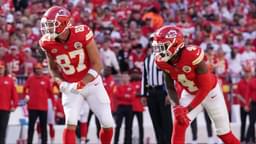 Kansas City Chiefs tight end Travis Kelce (87) and wide receiver Rashee Rice (4) line up against the Los Angeles Chargers during the game at GEHA Field at Arrowhead Stadium.