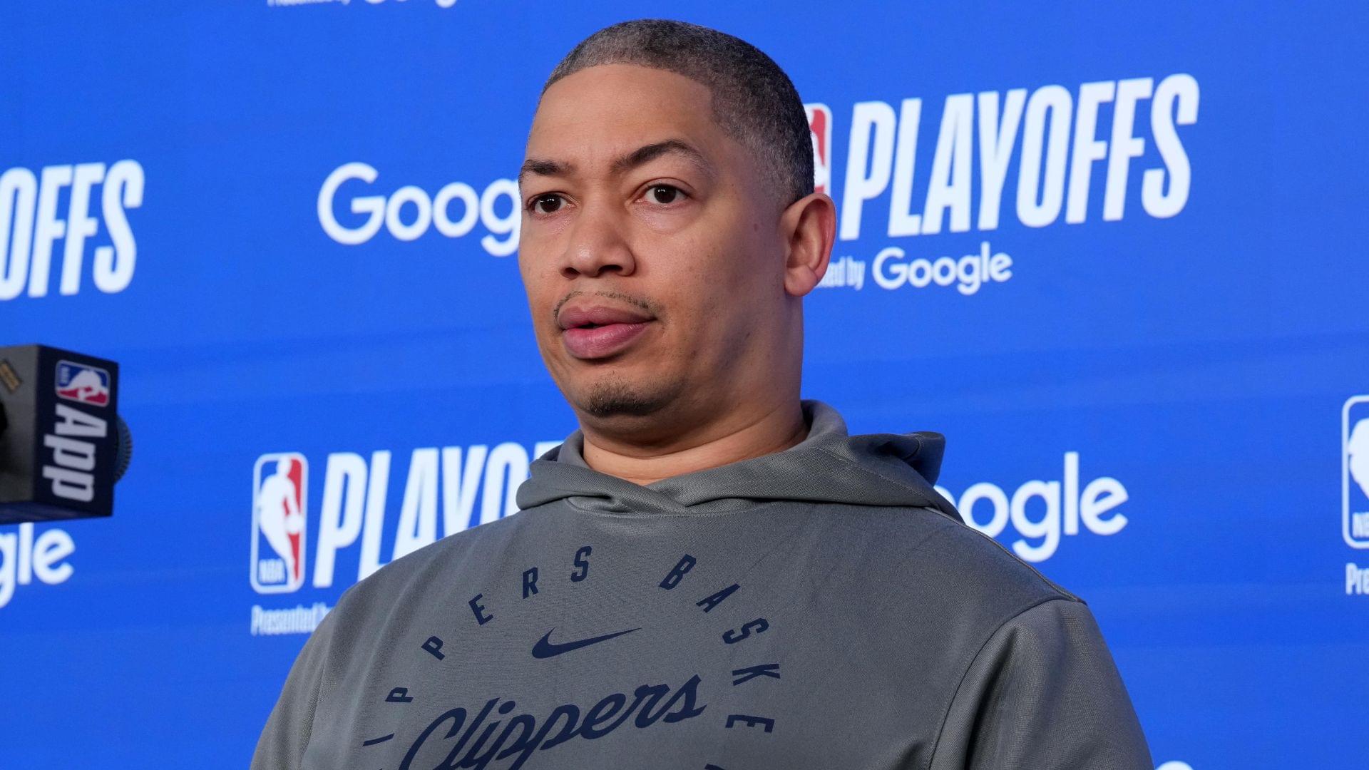 May 1, 2025; Inglewood, California, USA; LA Clippers coach Tyronn Lue at press conference during game six of first round for the 2025 NBA Playoffs against the Denver Nuggets at Intuit Dome