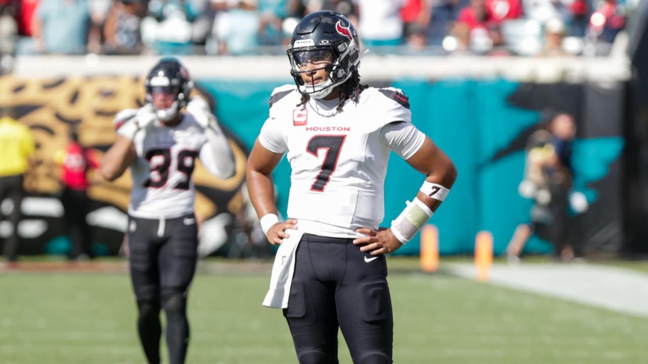 Houston Texans quarterback C.J. Stroud (7) reacts after an interception in the 4th quarter against the Jacksonville Jaguars at EverBank Stadium.