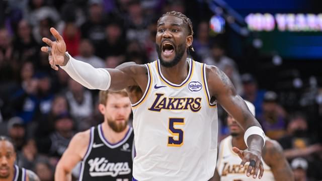 Oct 26, 2025; Sacramento, California, USA; Los Angeles Lakers center Deandre Ayton (5) reacts to a call during the fourth quarter of the game against the Sacramento Kings at Golden 1 Center.