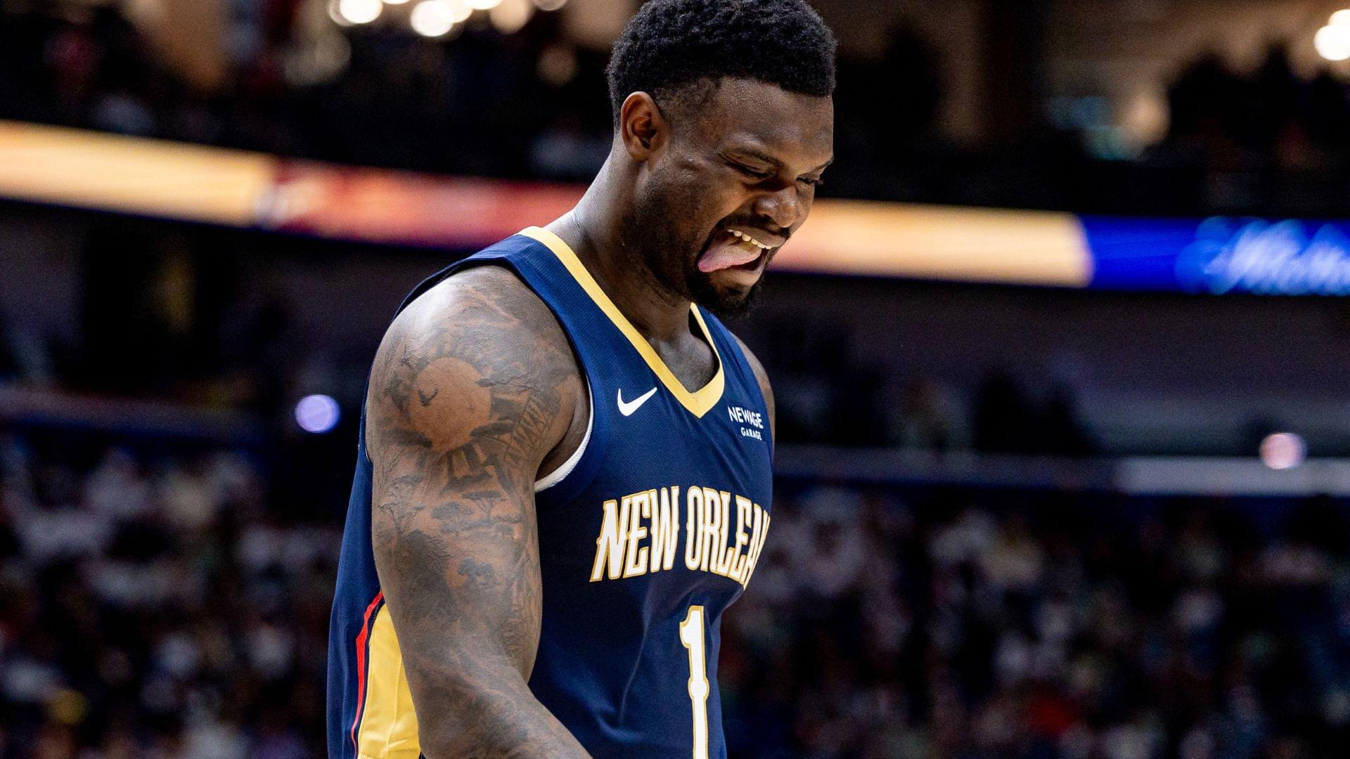 Oct 24, 2025; New Orleans, Louisiana, USA; New Orleans Pelicans forward Zion Williamson (1) against the San Antonio Spurs during the first half at Smoothie King Center