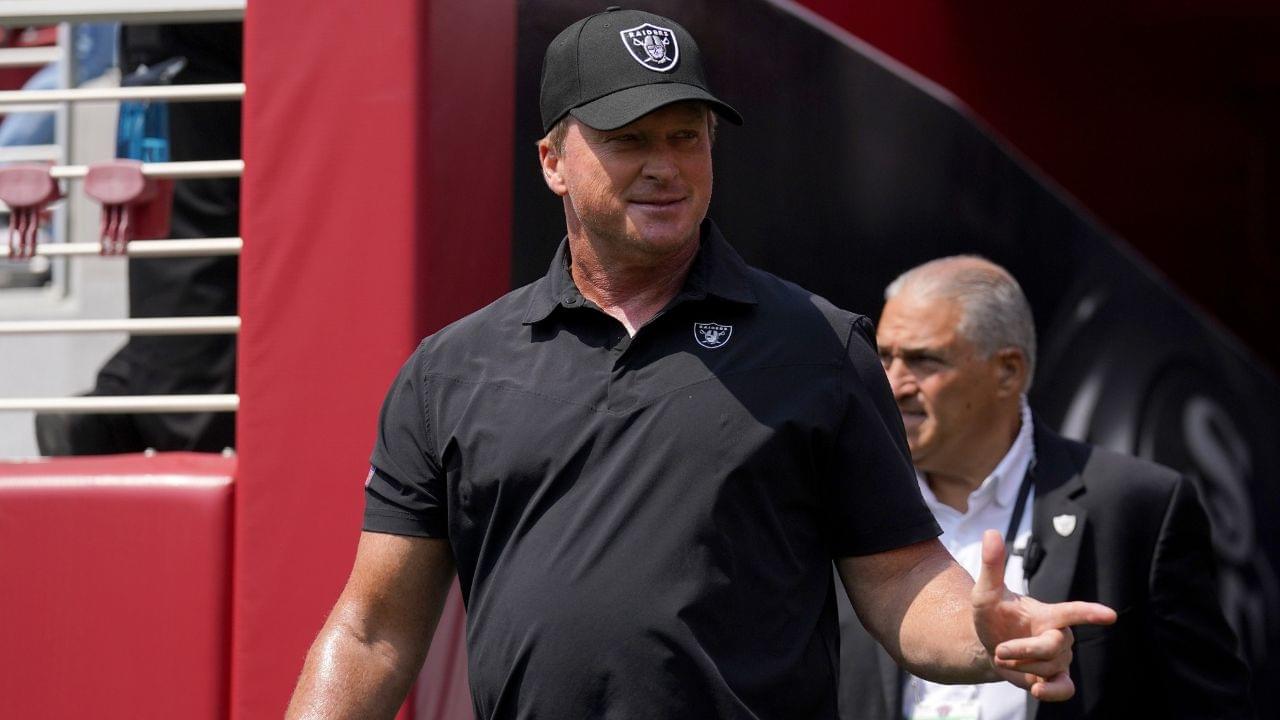 Las Vegas Raiders head coach Jon Gruden walks onto the field before the start of the game against the San Francisco 49ers at Levi's Stadium.