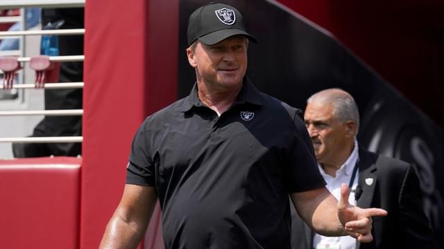 Las Vegas Raiders head coach Jon Gruden walks onto the field before the start of the game against the San Francisco 49ers at Levi's Stadium.