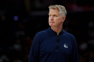 Nov 16, 2025; New Orleans, Louisiana, USA; Golden State Warriors head coach Steve Kerr reacts during the first half against the New Orleans Pelicans at Smoothie King Center.