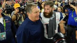 New England Patriots head coach Bill Belichick celebrates with wide receiver Julian Edelman (11) after defeating the Atlanta Falcons 34-28 in overtime during Super Bowl LI at NRG Stadium.