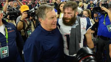 New England Patriots head coach Bill Belichick celebrates with wide receiver Julian Edelman (11) after defeating the Atlanta Falcons 34-28 in overtime during Super Bowl LI at NRG Stadium.