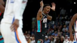 Nov 9, 2025; Memphis, Tennessee, USA; Memphis Grizzlies guard Ja Morant (12) reacts during the fourth quarter against the Oklahoma City Thunder at FedExForum. Mandatory Credit: Petre Thomas-Imagn Images