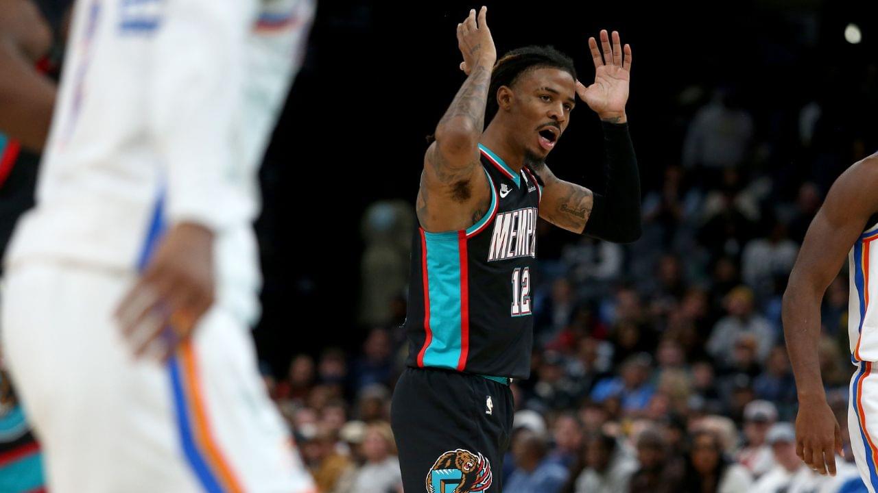Nov 9, 2025; Memphis, Tennessee, USA; Memphis Grizzlies guard Ja Morant (12) reacts during the fourth quarter against the Oklahoma City Thunder at FedExForum. Mandatory Credit: Petre Thomas-Imagn Images