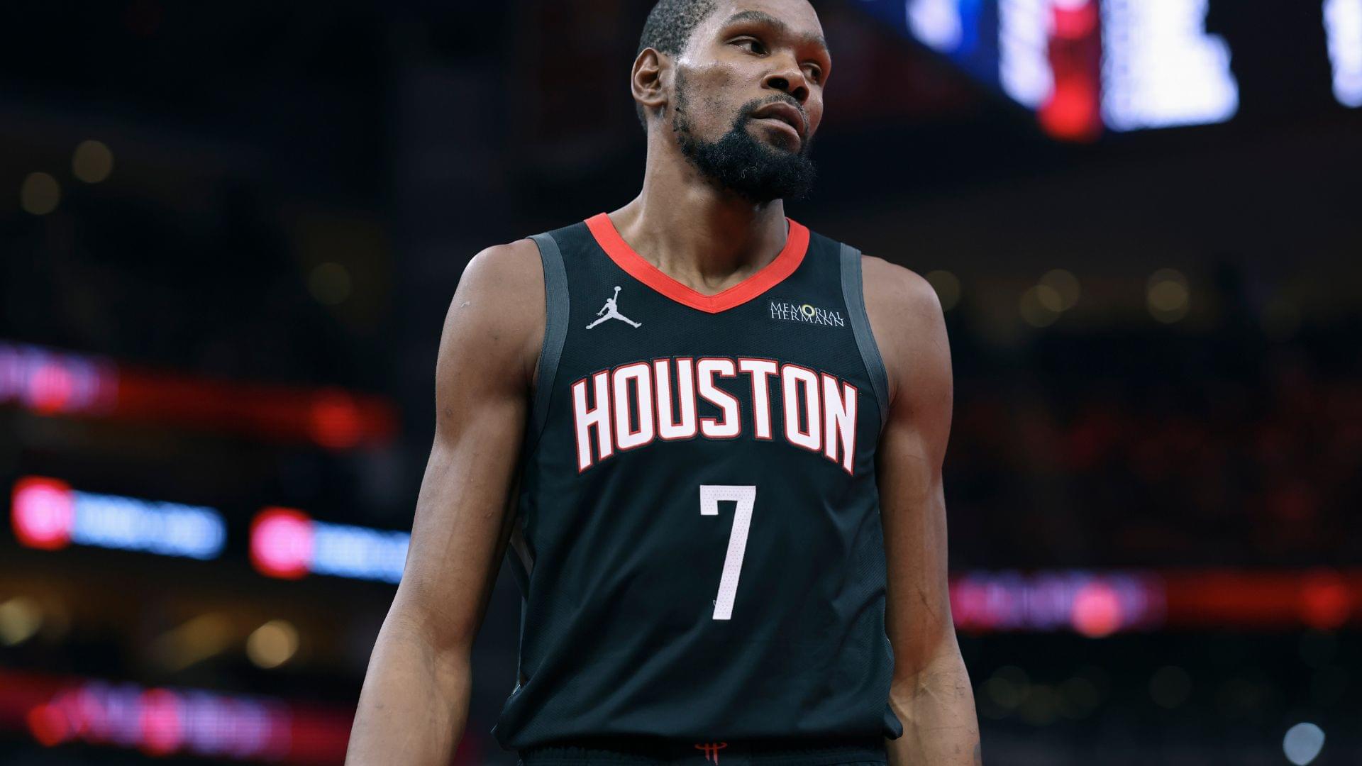 Nov 21, 2025; Houston, Texas, USA; Houston Rockets forward Kevin Durant (7) reacts after a play during the fourth quarter against the Denver Nuggets at Toyota Center.