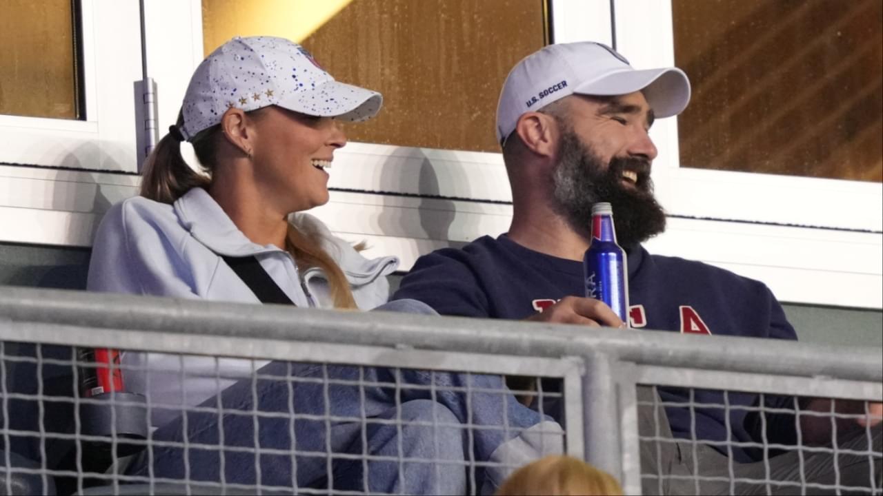 Kylie Kelce (left) and Jason Kelce (right) look on during the game between Portugal and the United States at Subaru Park.