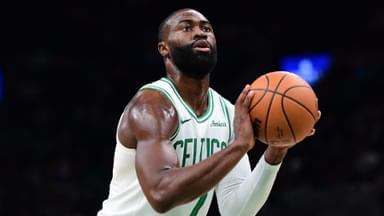 Caption: Nov 3, 2025; Boston, Massachusetts, USA; Boston Celtics guard Jaylen Brown (7) shoots a free throw during the first half against the Utah Jazz at TD Garden.
