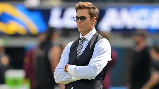 Tom Brady looks on before the game between the Los Angeles Chargers and the Washington Commanders at SoFi Stadium.
