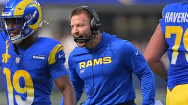 Los Angeles Rams head coach Sean McVay reacts after a touchdown by his team against the New Orleans Saints during the first half at SoFi Stadium.